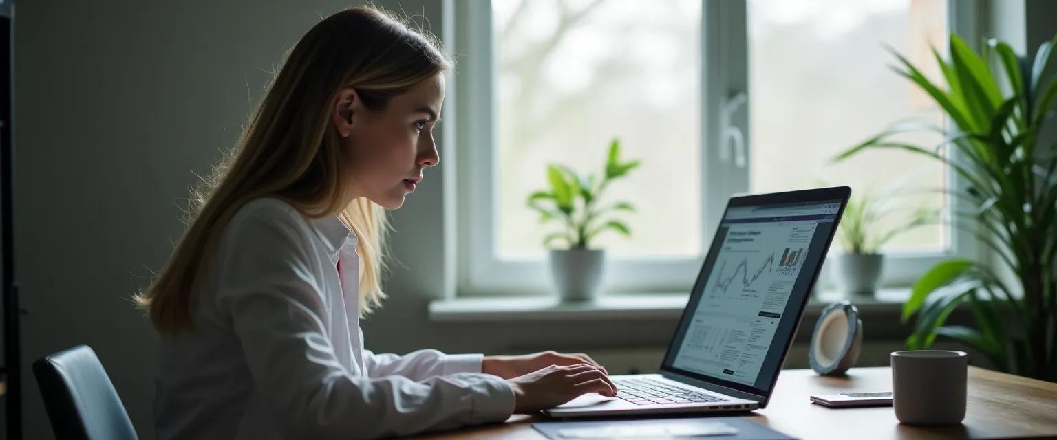 A person is focused on a laptop screen, with a magnifying glass subtly emphasizing the content displayed.