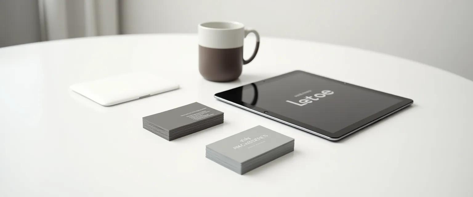 A tabletop arrangement of business cards and a mug alongside a tablet displaying a coordinated graphic, all sharing a unified color scheme.