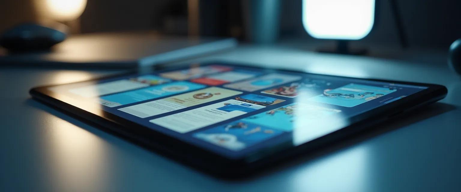 A photograph showcasing a blurred tablet screen displaying diverse social media interfaces.