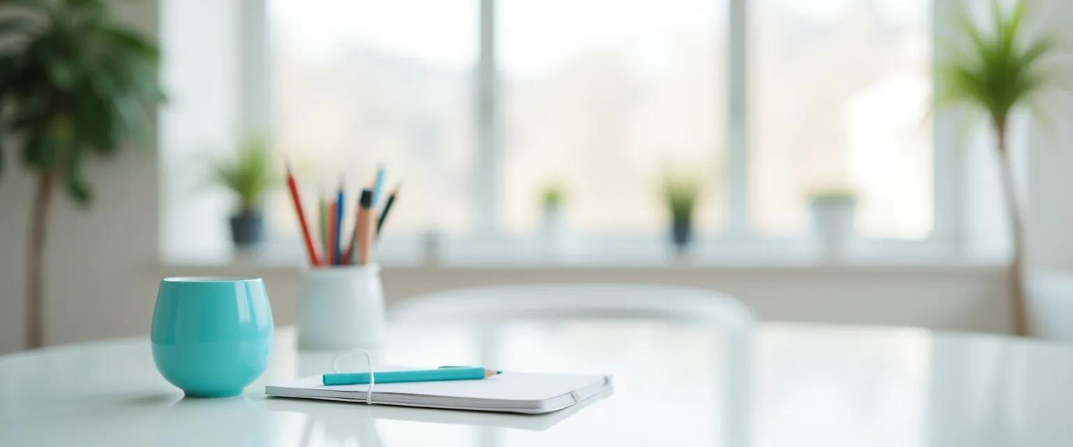 A neatly arranged desk featuring brand-aligned stationery and objects in a bright, professional workspace.