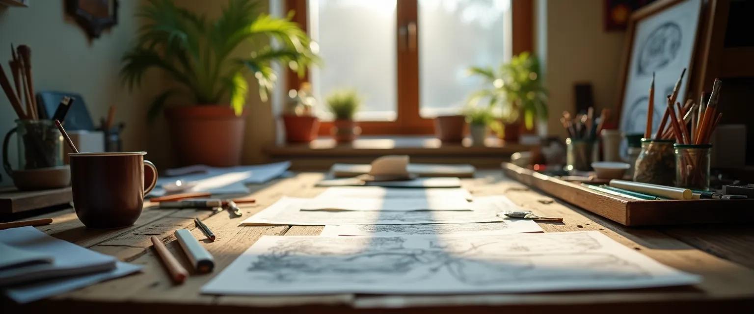 A cluttered artist's desk featuring design tools and sketches, capturing the essence of a creative workspace.