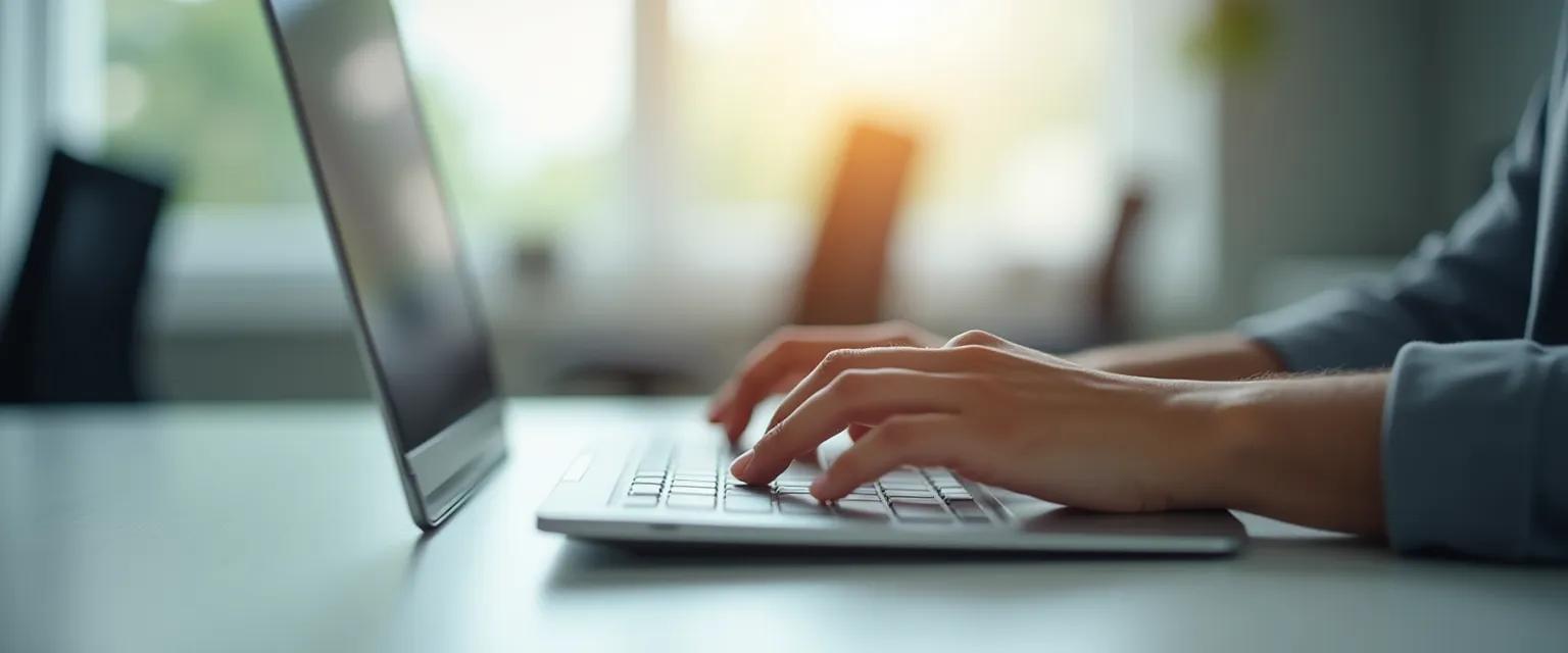 Hands poised above a keyboard in a well-lit office suggest productivity and a modern workspace.