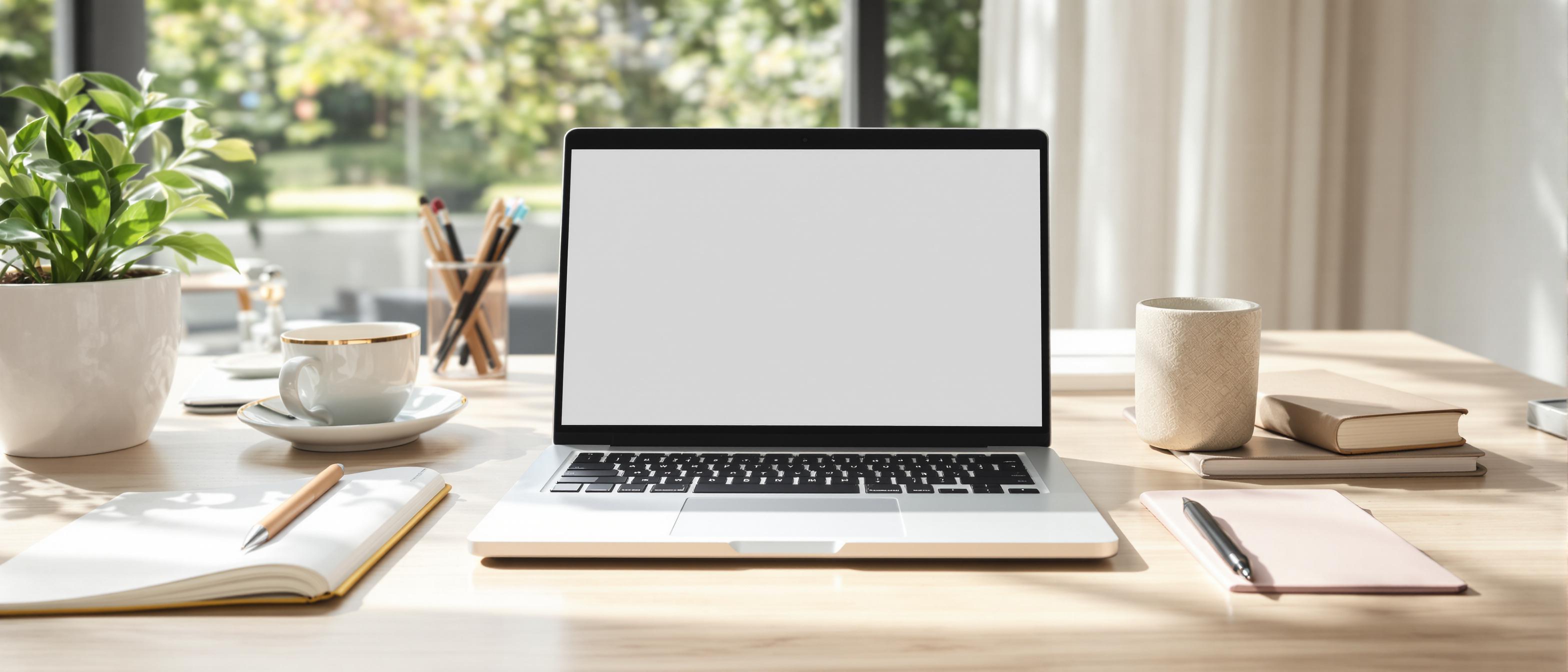 A clean desk featuring stationery and a laptop, bathed in soft light, suggesting a professional workspace.