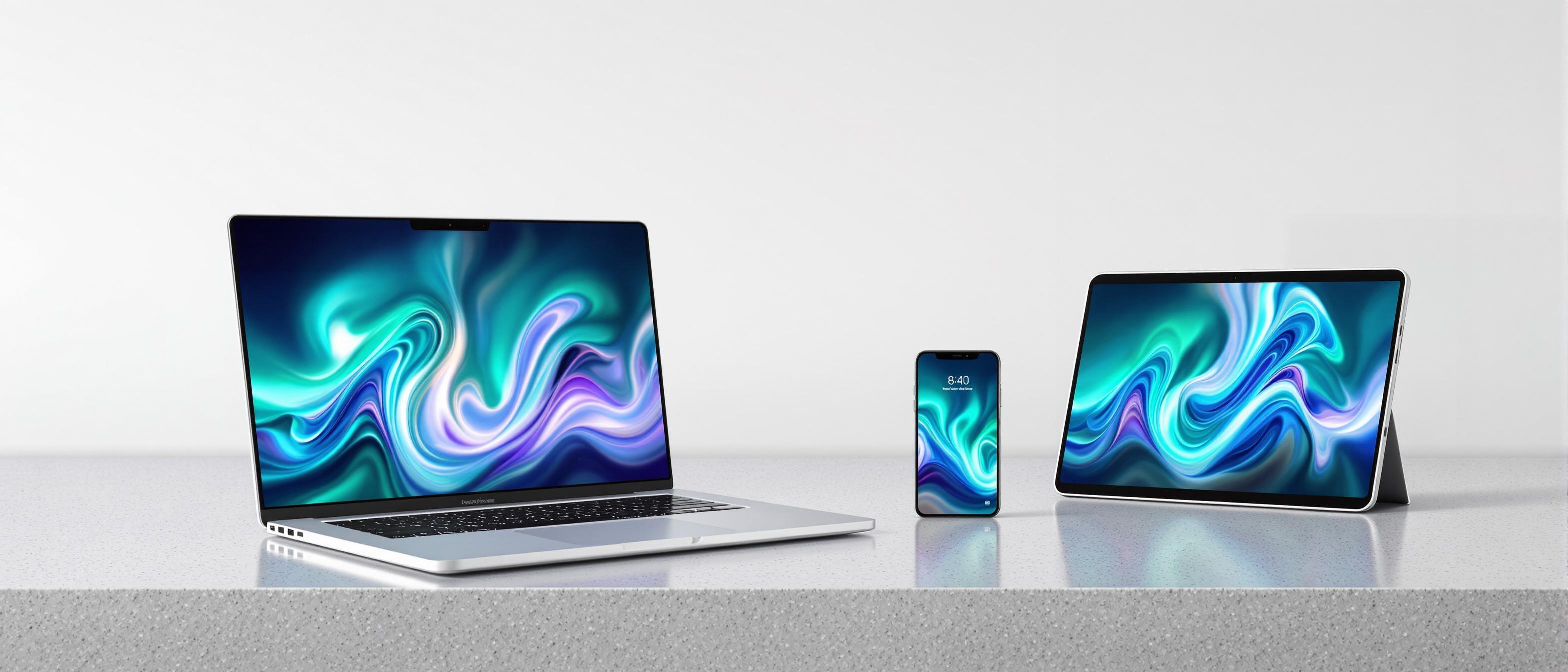 A collection of electronic devices displaying vibrant and cohesive visual content in a modern setting.