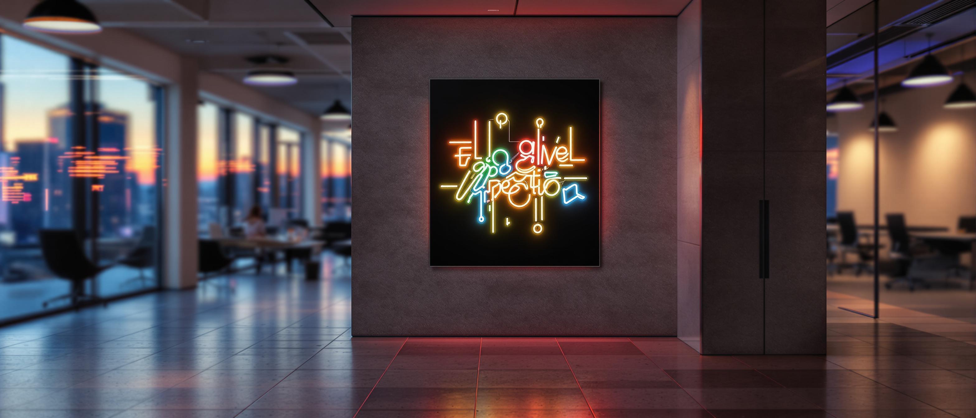 A modern office setting featuring a subtly placed abstract neon art piece.