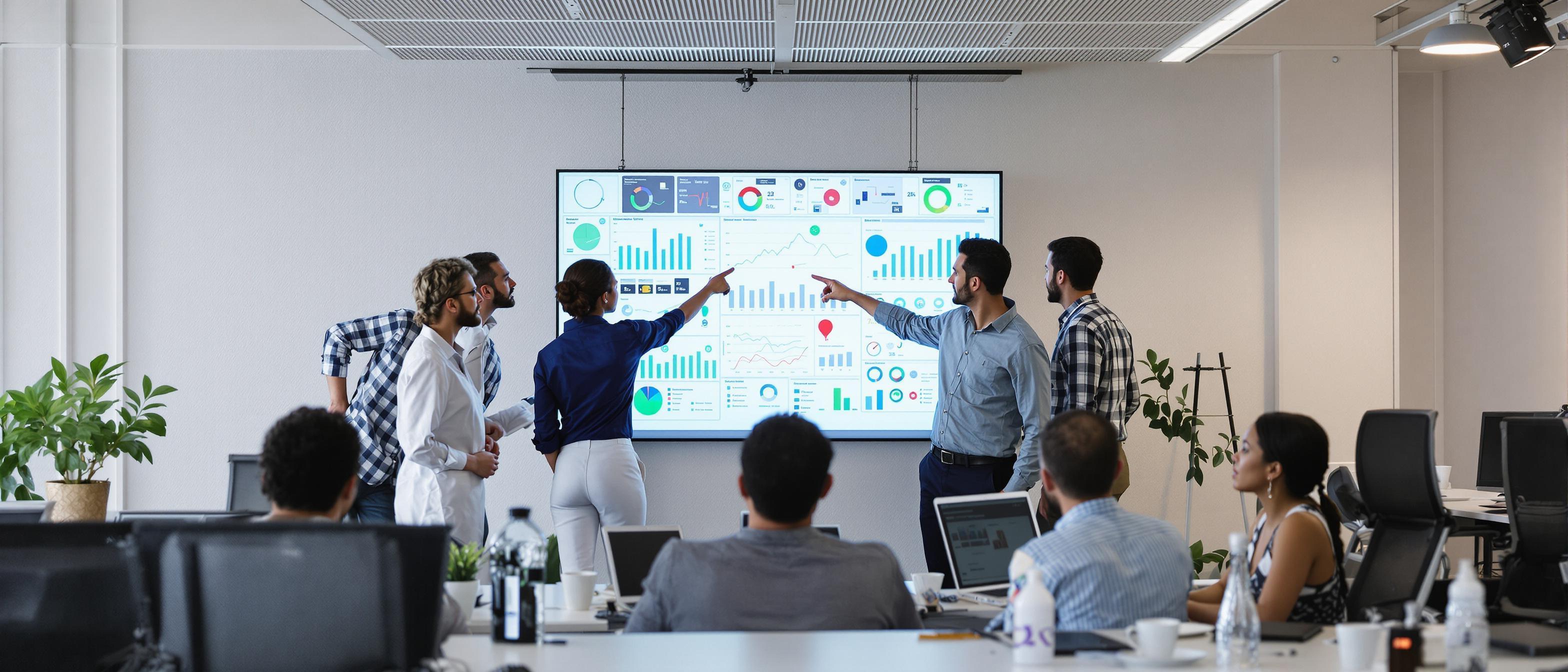 A diverse team collaboratively analyzes data projected on a large screen in a modern office environment.