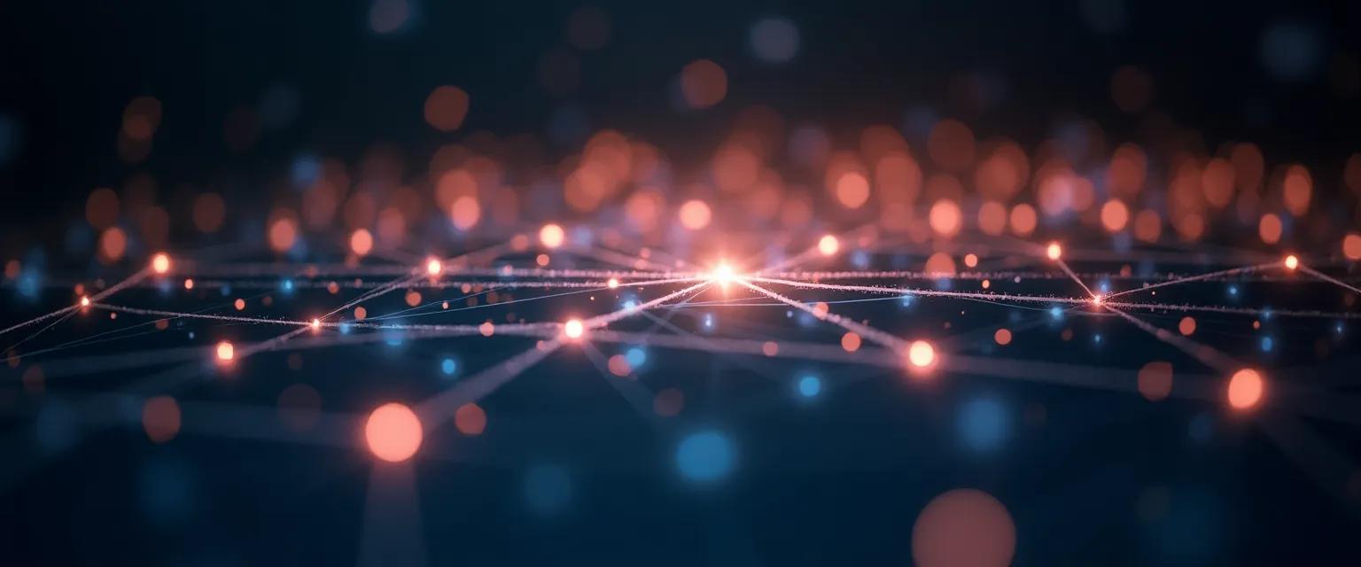 A network of glowing connections symbolizes web design, set against a blurred background.