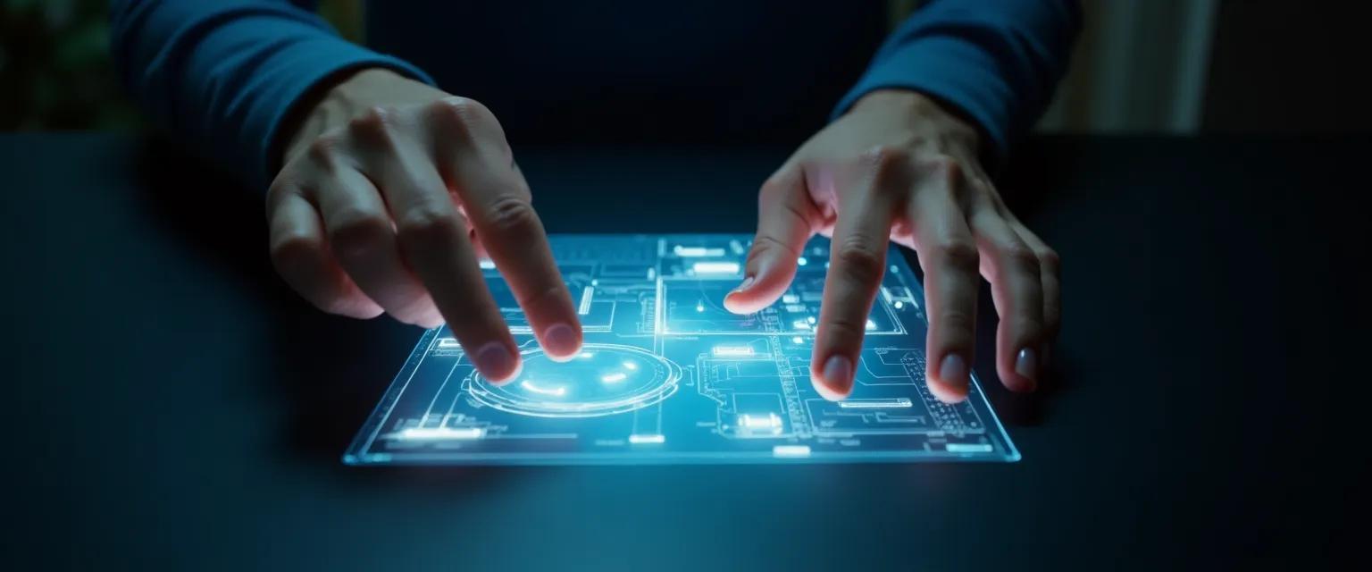 Overhead shot of hands interacting with a futuristic, projected interface above a sleek, dark surface.