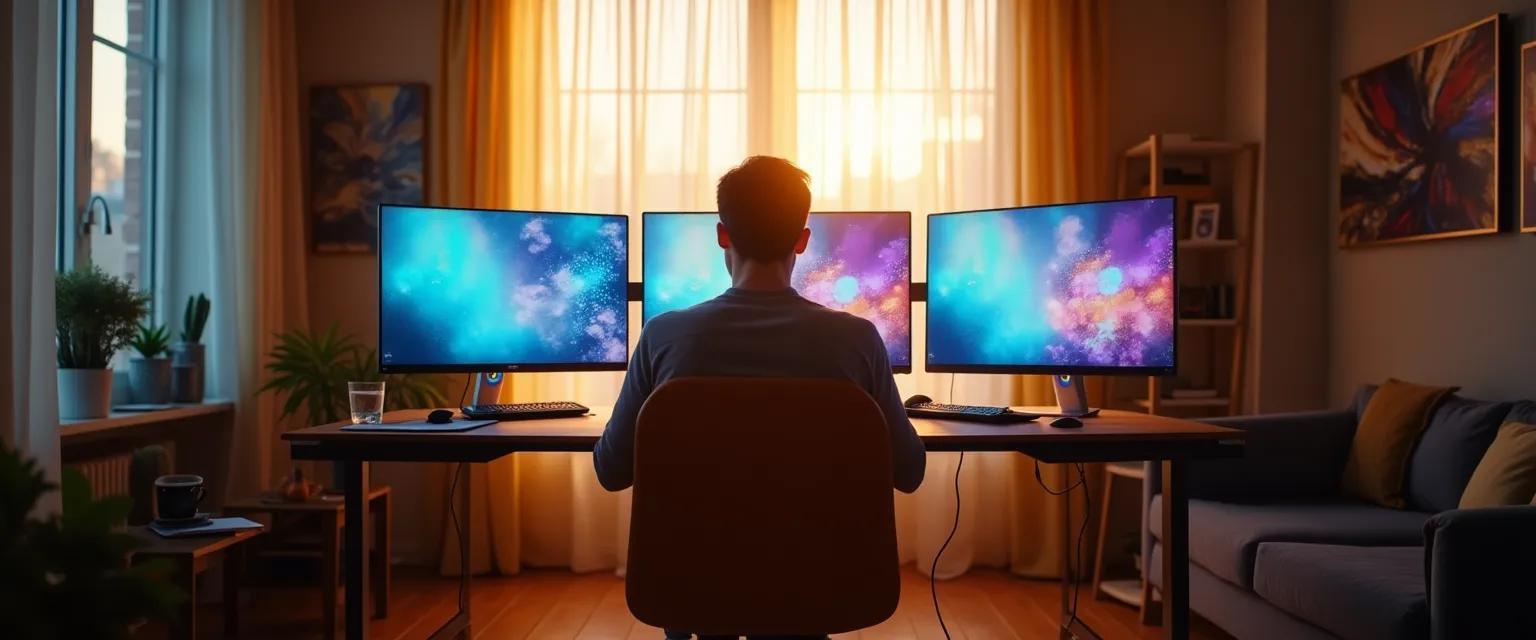 A person is sitting in a modern chair in a sunlit room surrounded by screens.