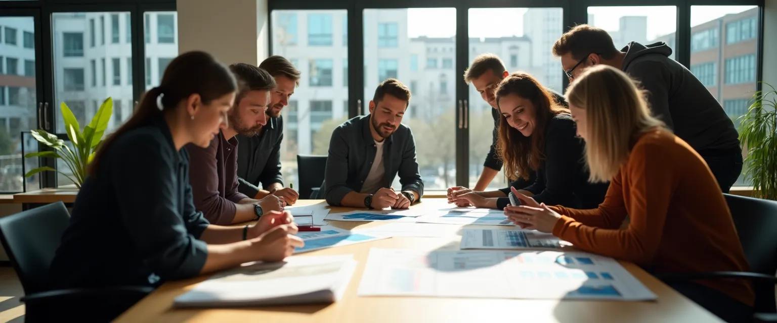 A group of designers are gathered around a table in a sunlit modern office space, intensely focused on collaborative design work.