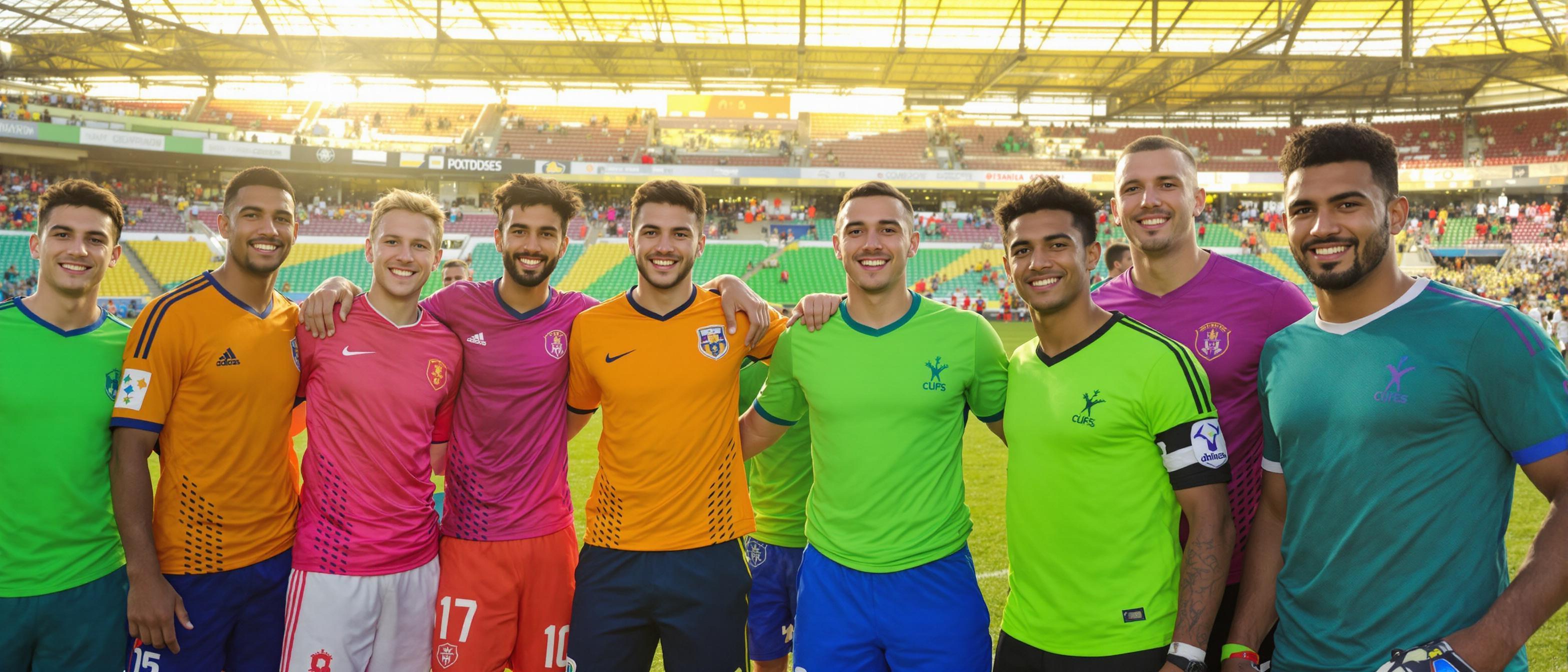 Diverse soccer team in uniform smiling at the camera on a sunny field.