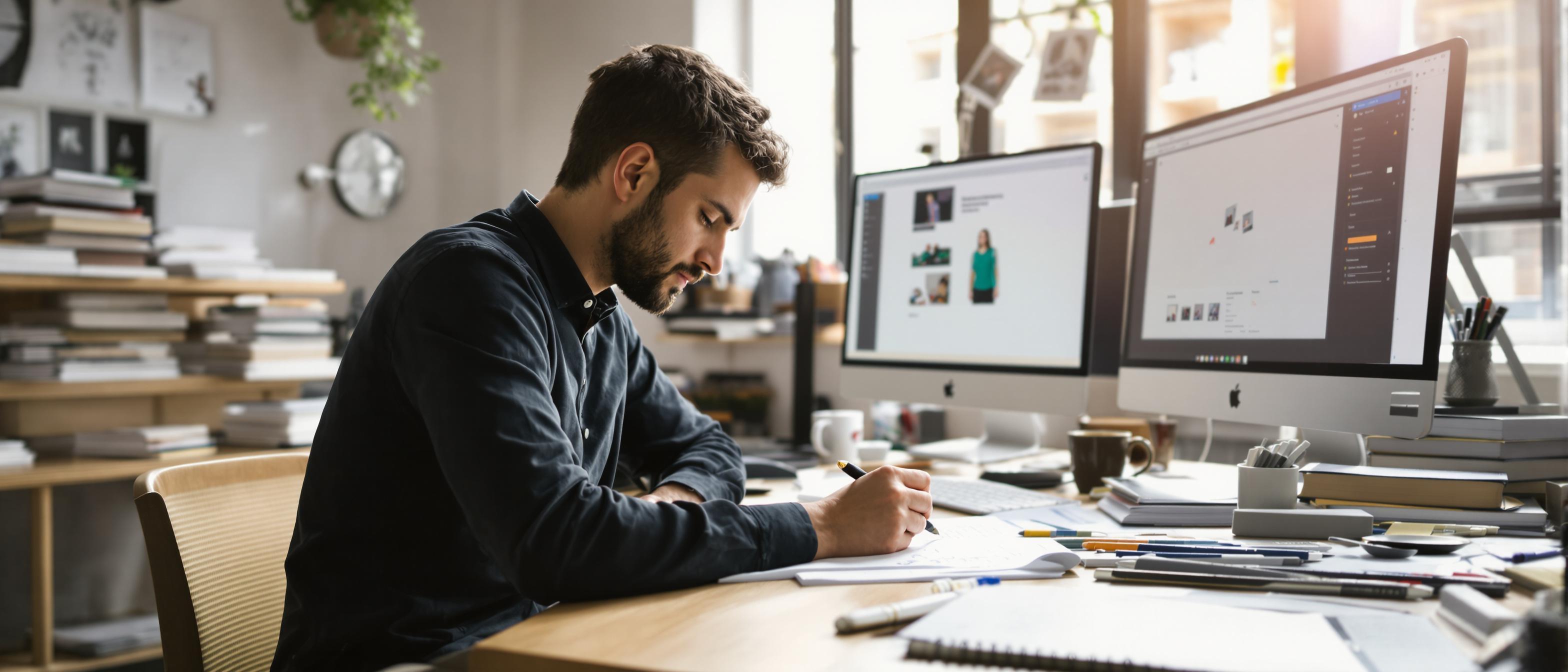 A person sketches in a notebook surrounded by design books and a computer.