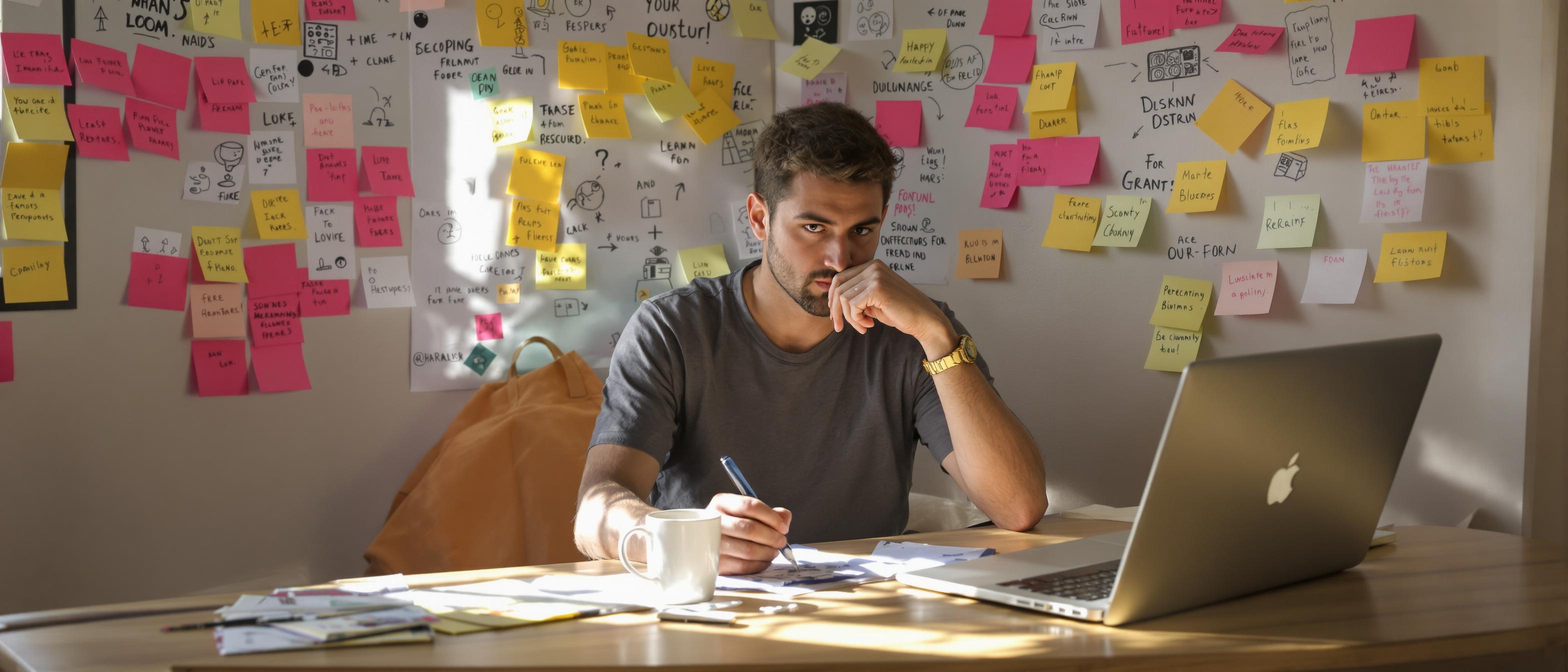A person sits thoughtfully at a desk cluttered with sticky notes and a laptop.
