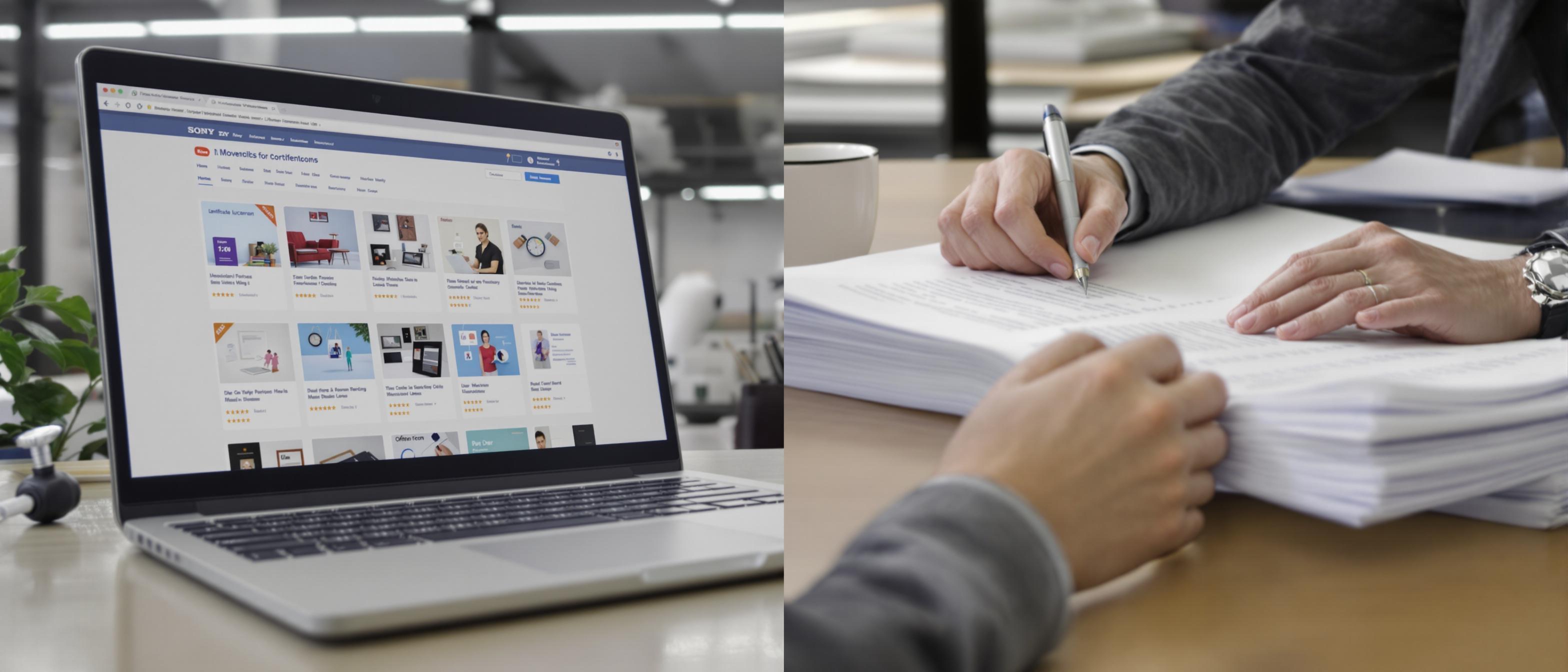 A focused scene depicting the contrast between online product searching and legal documentation in a professional setting.