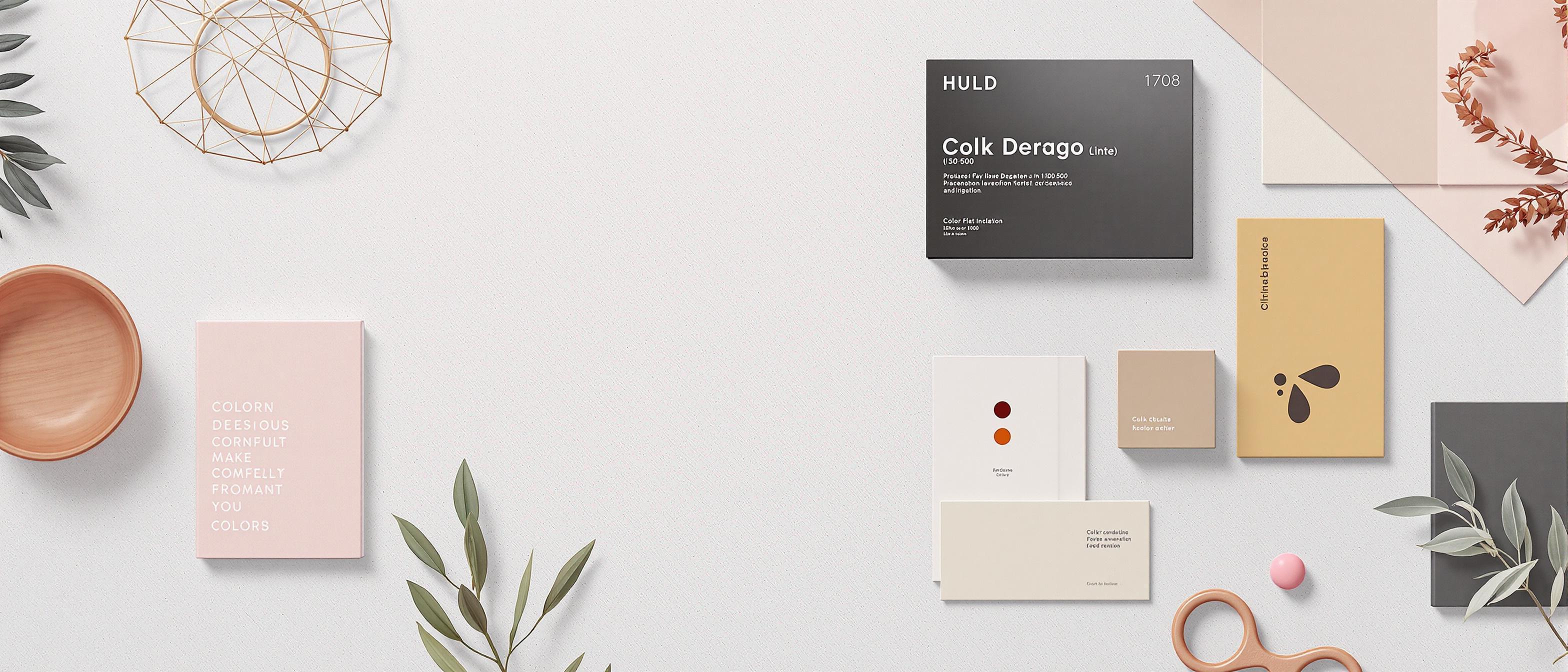 An artful composition of design elements including a color palette, product photo, and sample text arranged on a neutral background.