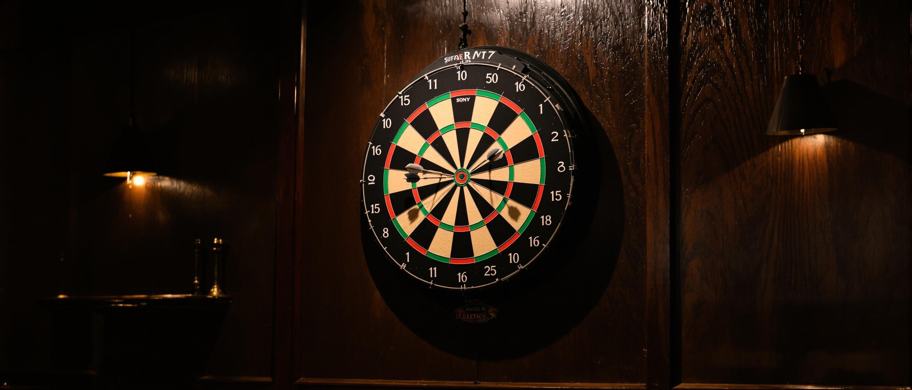 A focused dartboard with scattered darts creating a dynamic, high-stakes atmosphere.