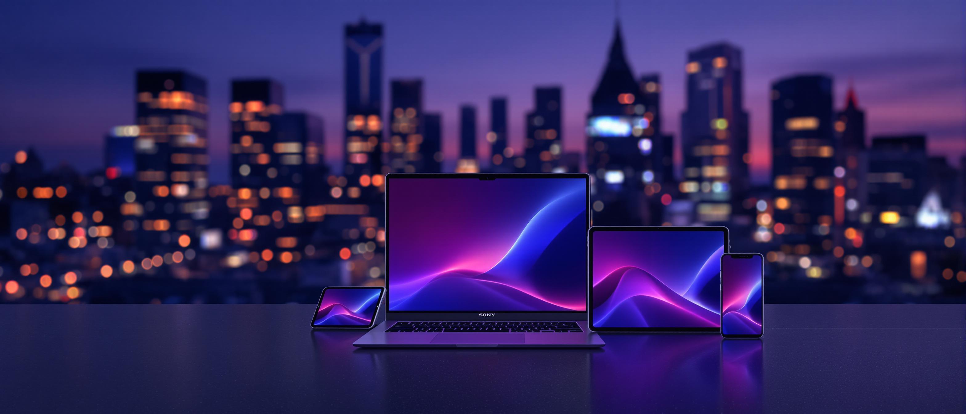 A collection of digital devices displaying a unified color scheme and style against an urban backdrop.