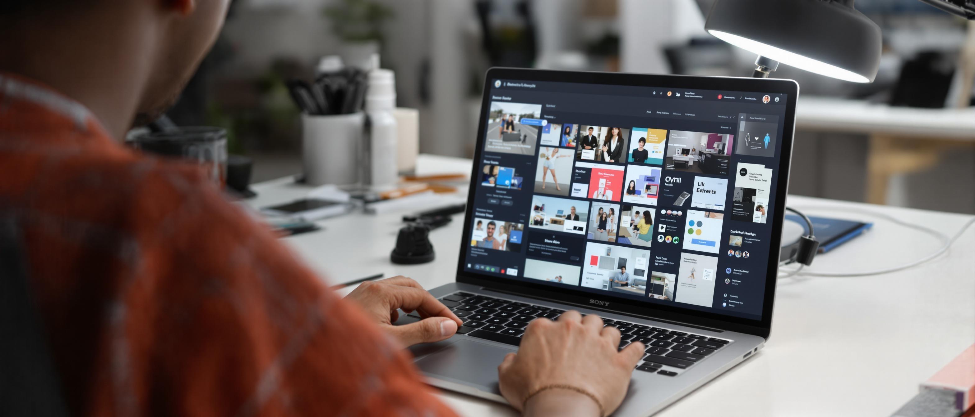 A person uses a laptop in a bright workspace, focusing on graphic design elements.