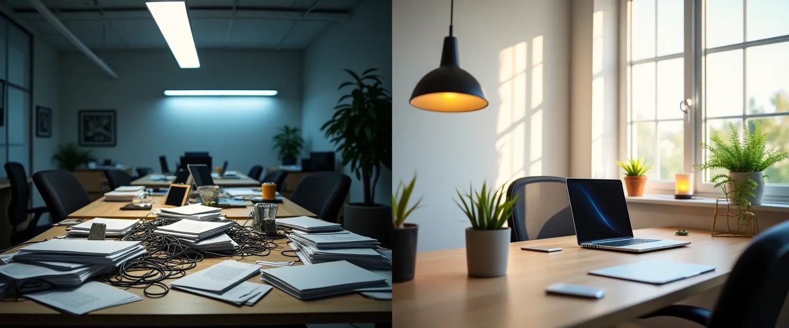 A split-screen image contrasts a cluttered, outdated design with a clean, modern design to emphasize the impact of design on user perception.