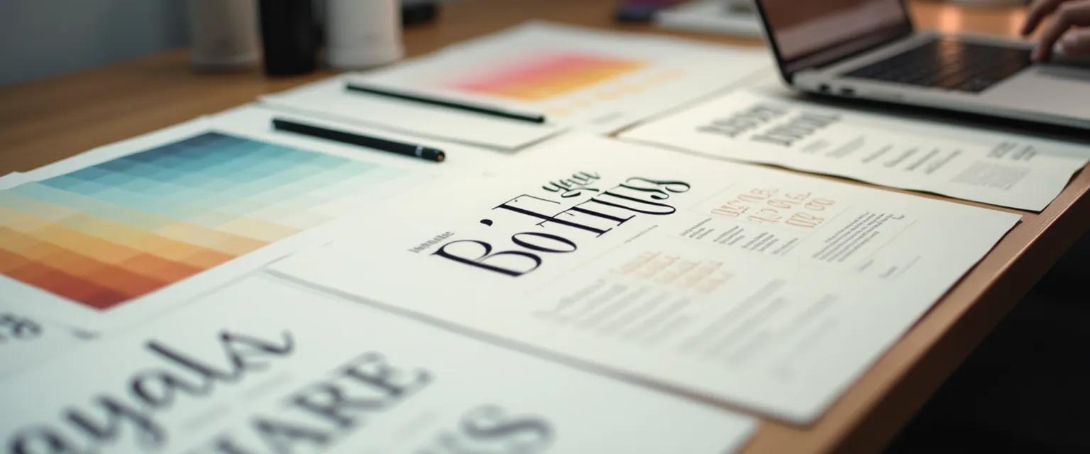 A photograph of a well-organized desk featuring design elements such as color swatches, typography examples, and layout grids, hinting at a comprehensive style guide presentation.