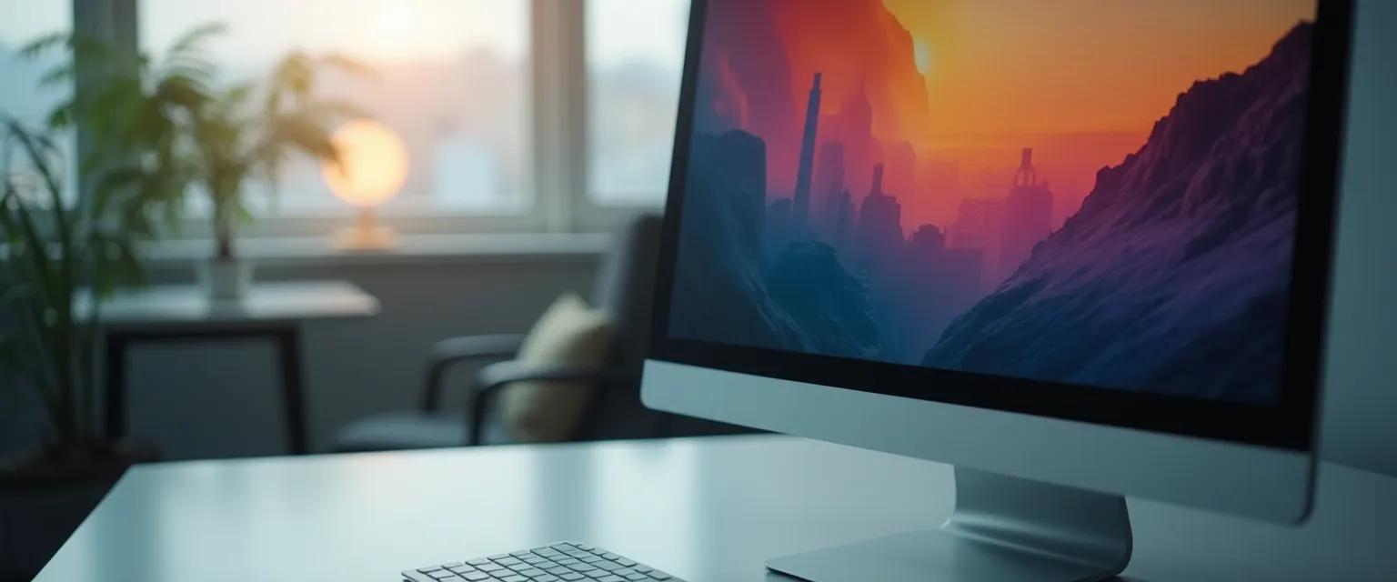 A stylized representation of image optimization with a shrinking graphic on a virtual screen.