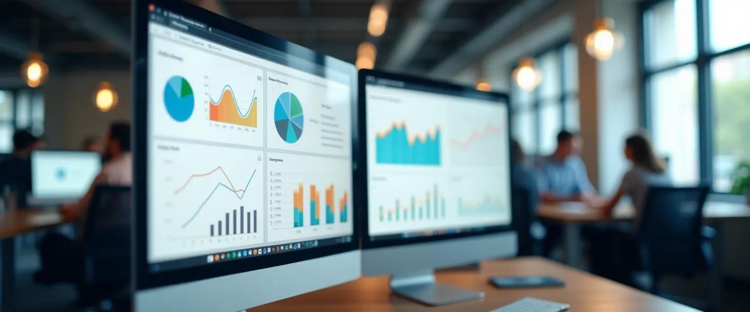 An eye-level shot of multiple computer monitors displaying charts and graphs within a brightly lit, modern office setting.
