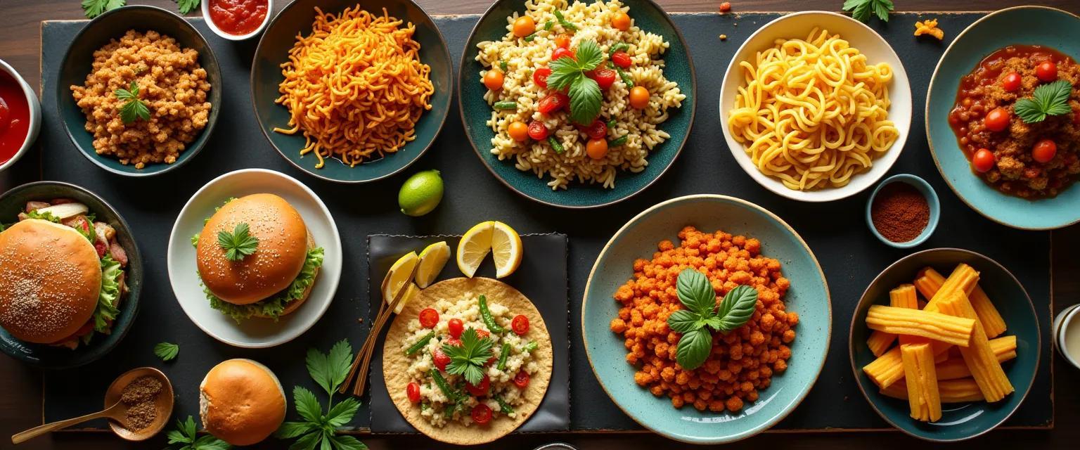 A vibrant collection of diverse dishes from various culinary styles arranged to showcase variety and abundance.