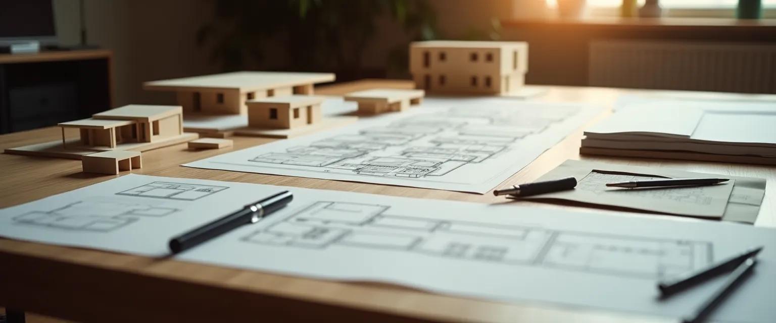 A designer's workspace featuring layout grids, drawing tools, and material samples under soft, diffused lighting.