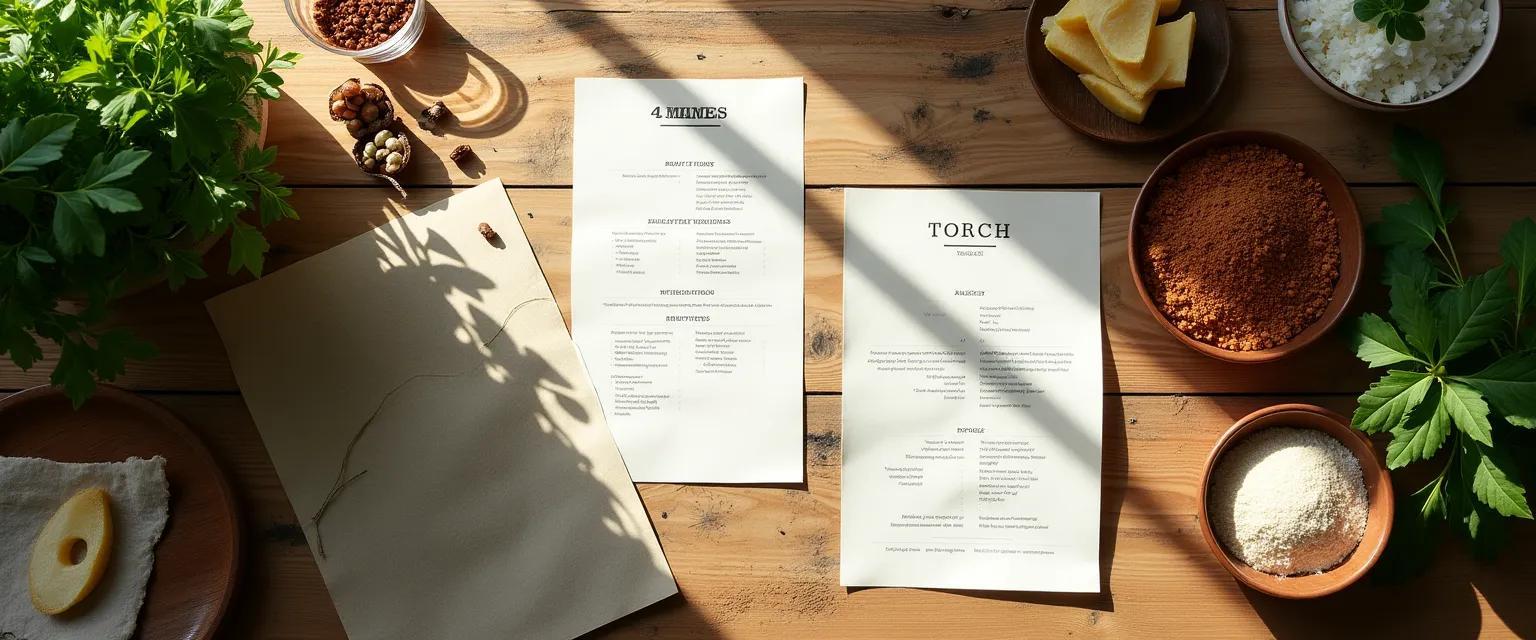 A curated selection of culinary-themed images and designs on a wooden table evoke a restaurant's brand identity.