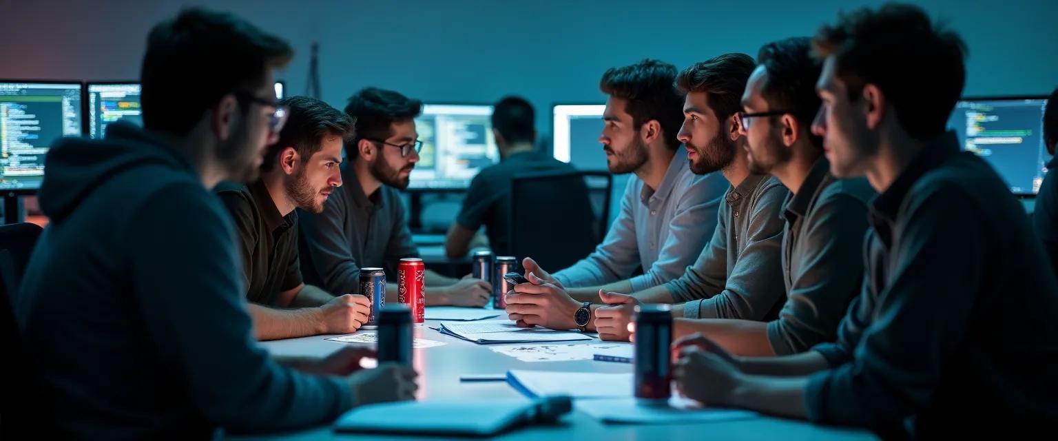 A group of developers intensely collaborating around a table filled with brainstorming materials.