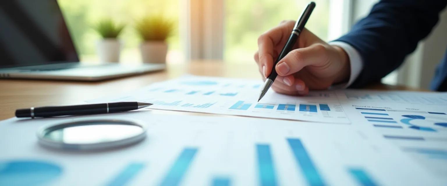 A person is reviewing business reports with a magnifying glass in a bright office.