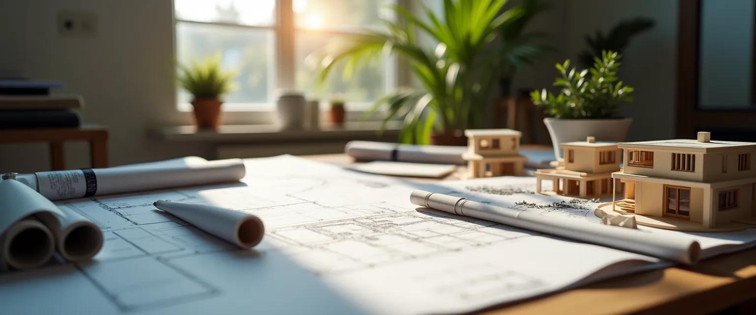 Architect's desk featuring blueprints and design tools in a naturally lit studio environment.