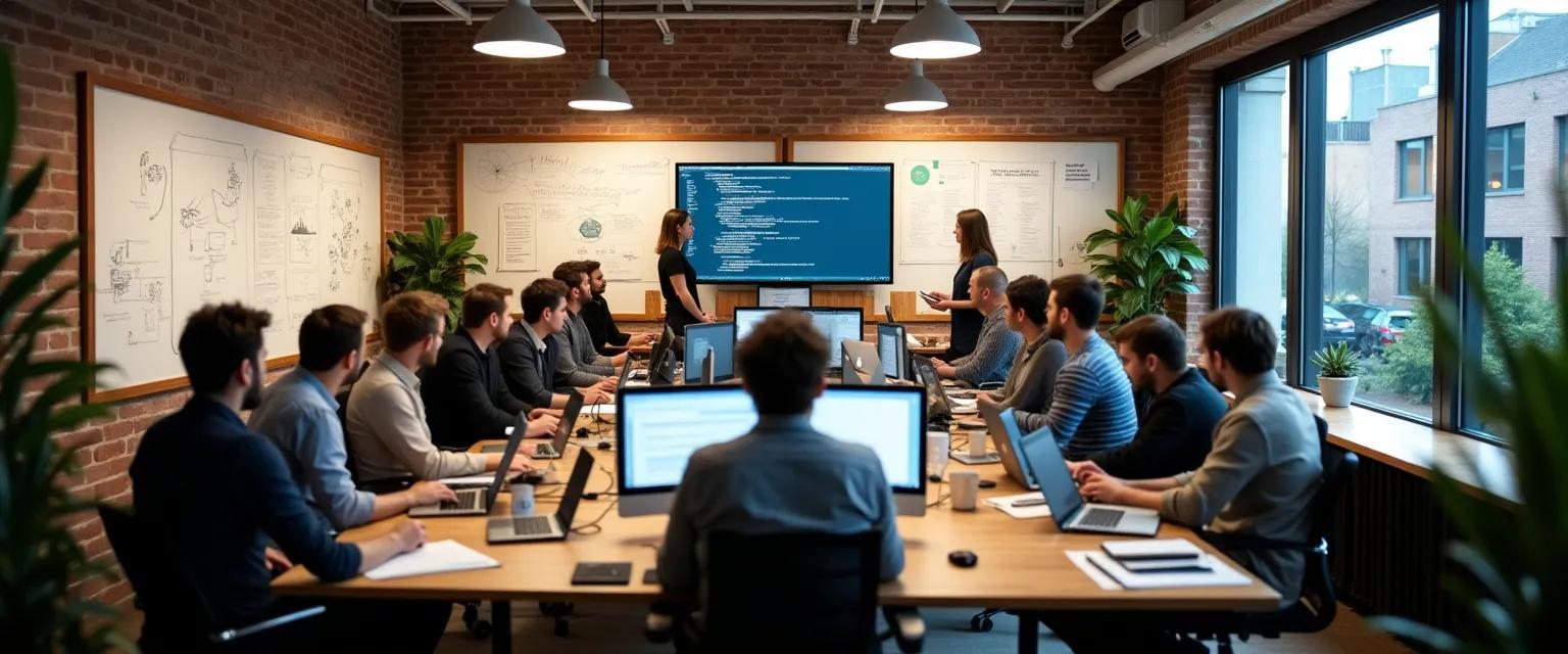 A brightly lit collaborative workspace featuring developers at their computers amidst sketches and mockups.