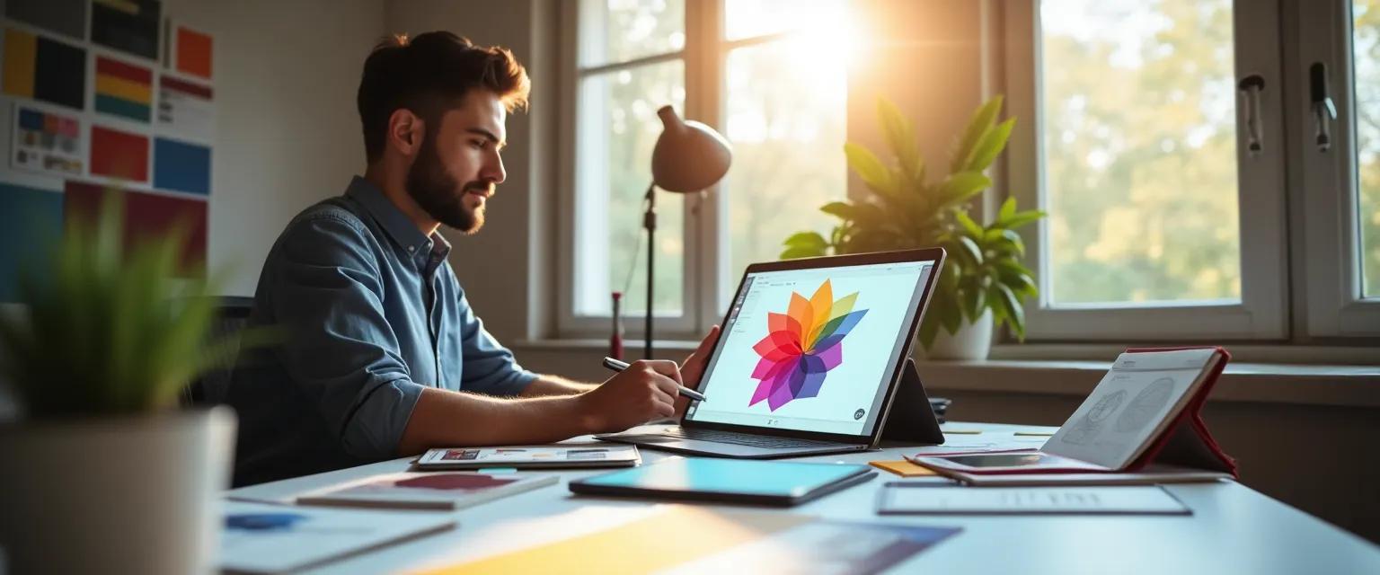 A designer is working in their studio, surrounded by design elements and color palettes, creating new logo concepts on a digital tablet.