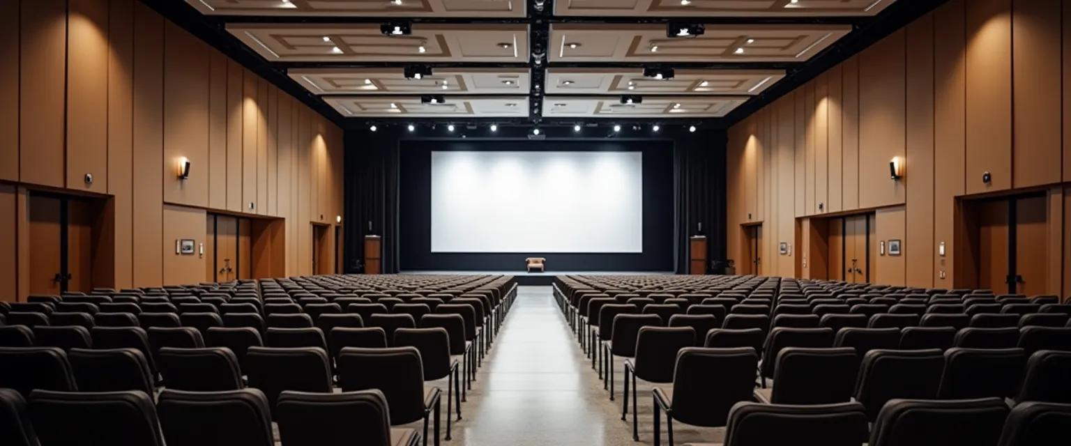 A spacious conference hall prepared for an event, featuring empty seats and a stage under bright lighting.