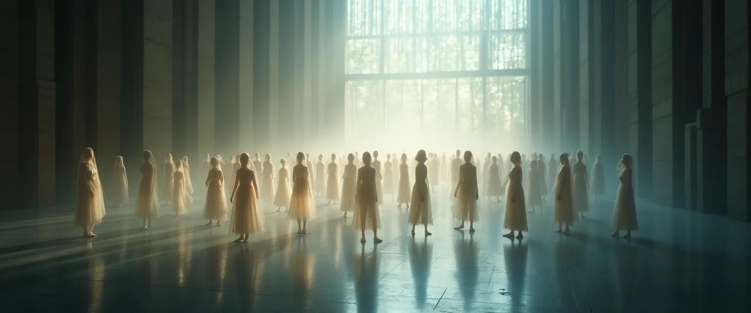 A sprawling interconnected network of individuals represented by abstract figures in a softly lit environment.