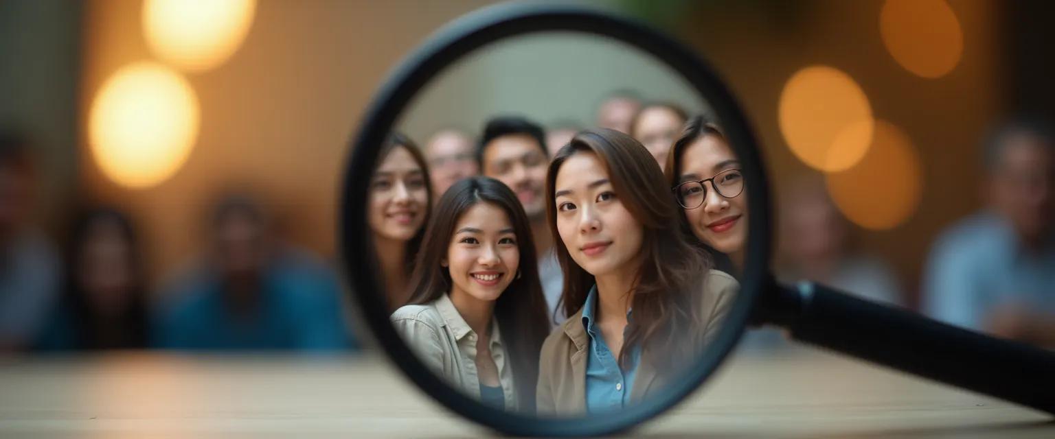 A magnifying glass enlarges a diverse group of people, representing market research.