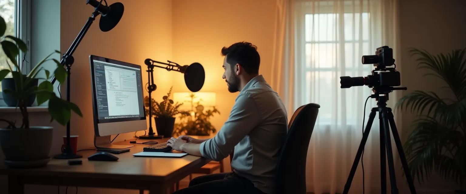A person works on a computer with professional camera and microphone equipment in a brightly lit room.