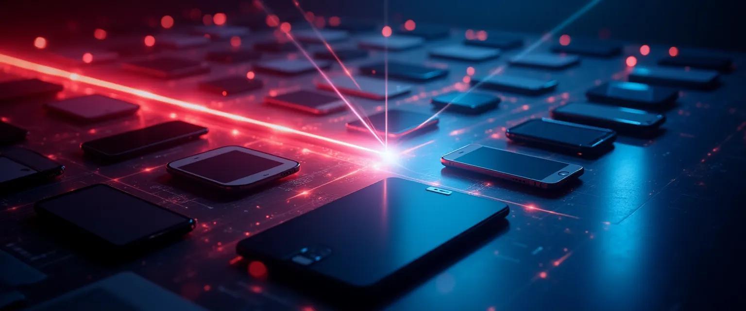 A beam of light digitally connects various devices, symbolizing data flowing through an affiliate network.