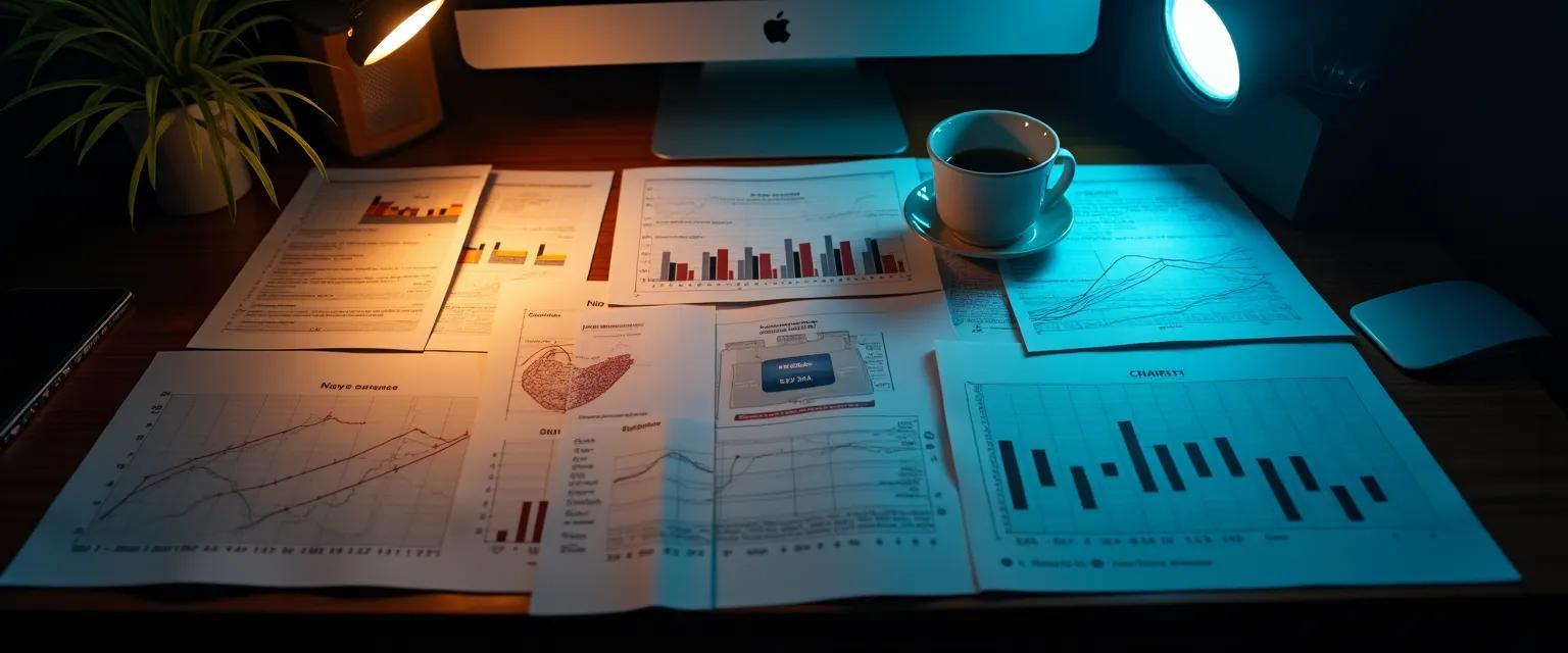 A focused view of scattered analytical charts and graphs on a cluttered desk under the glow of a monitor in a dimly lit office.