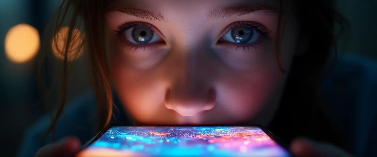 A person's face illuminated by a phone screen reflecting various scenes, creating a sense of digital immersion.