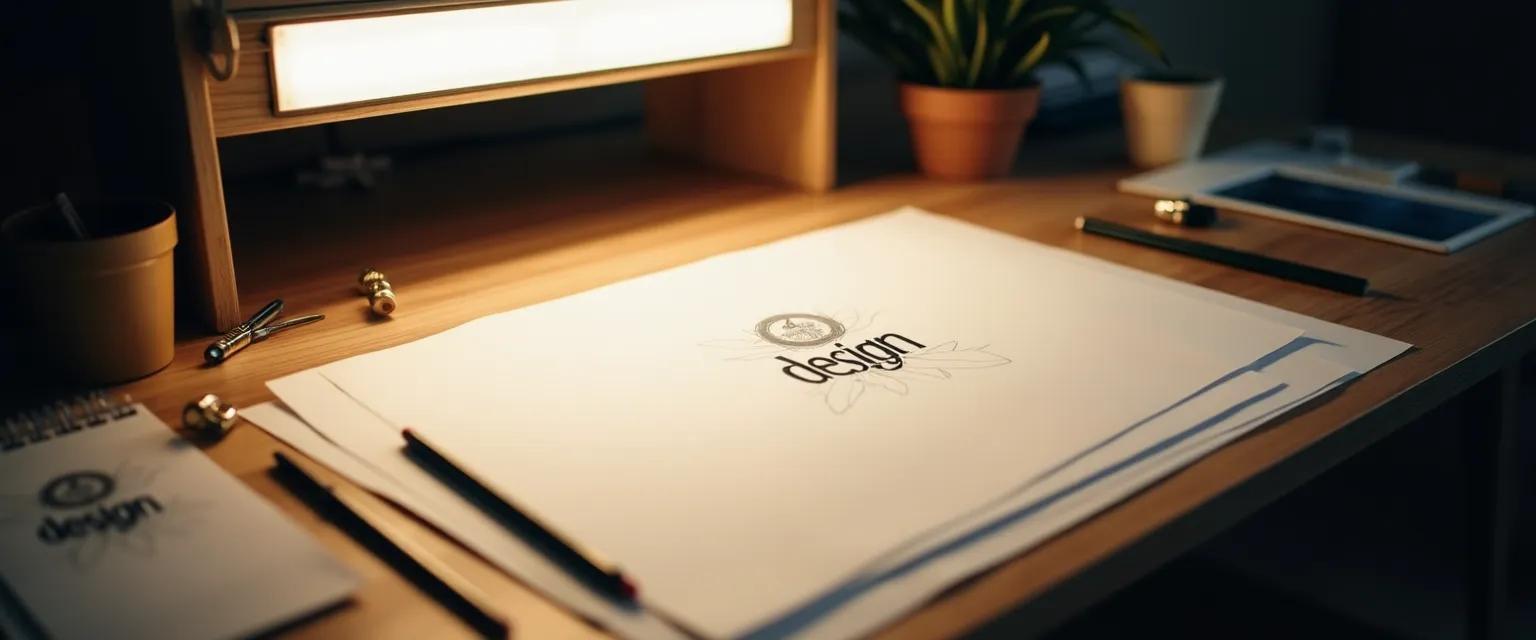 Overhead shot of a designer's desk creatively scattered with sketches and tools under soft lighting.