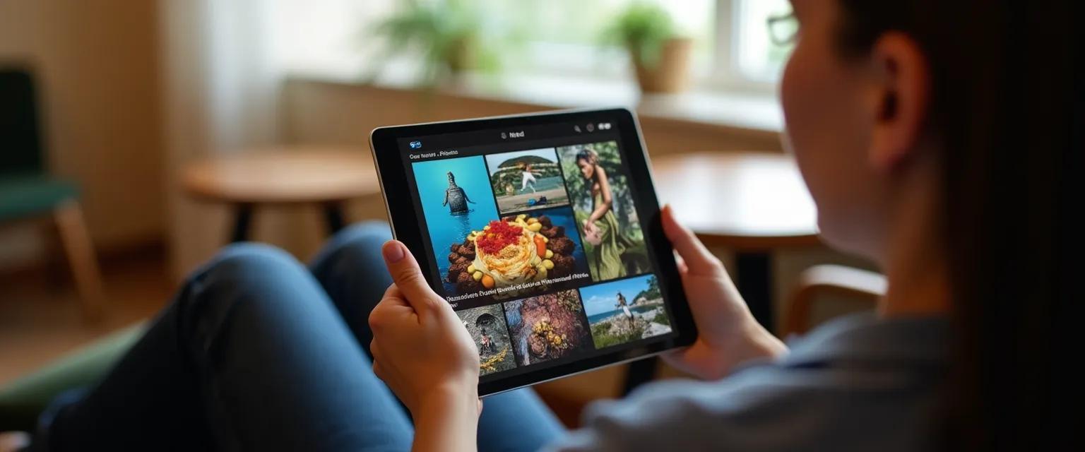 A person is viewing a tablet displaying a stream of eye-catching images and graphics, showing active engagement.