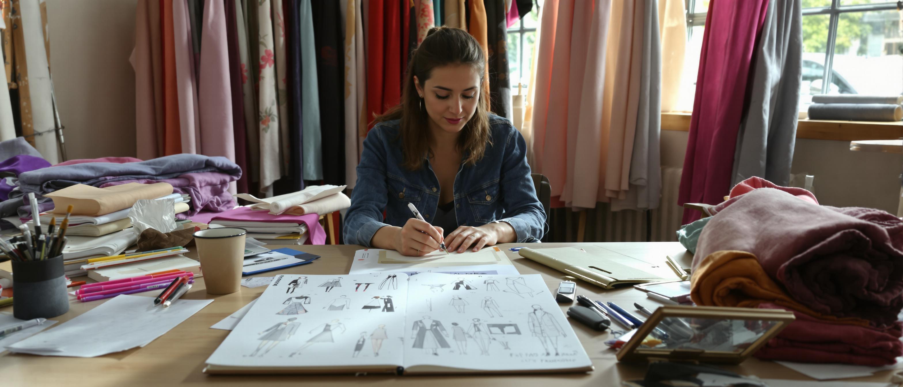 A designer working at a desk with sketches, fabric swatches, and a cup of coffee in a brightly lit studio.