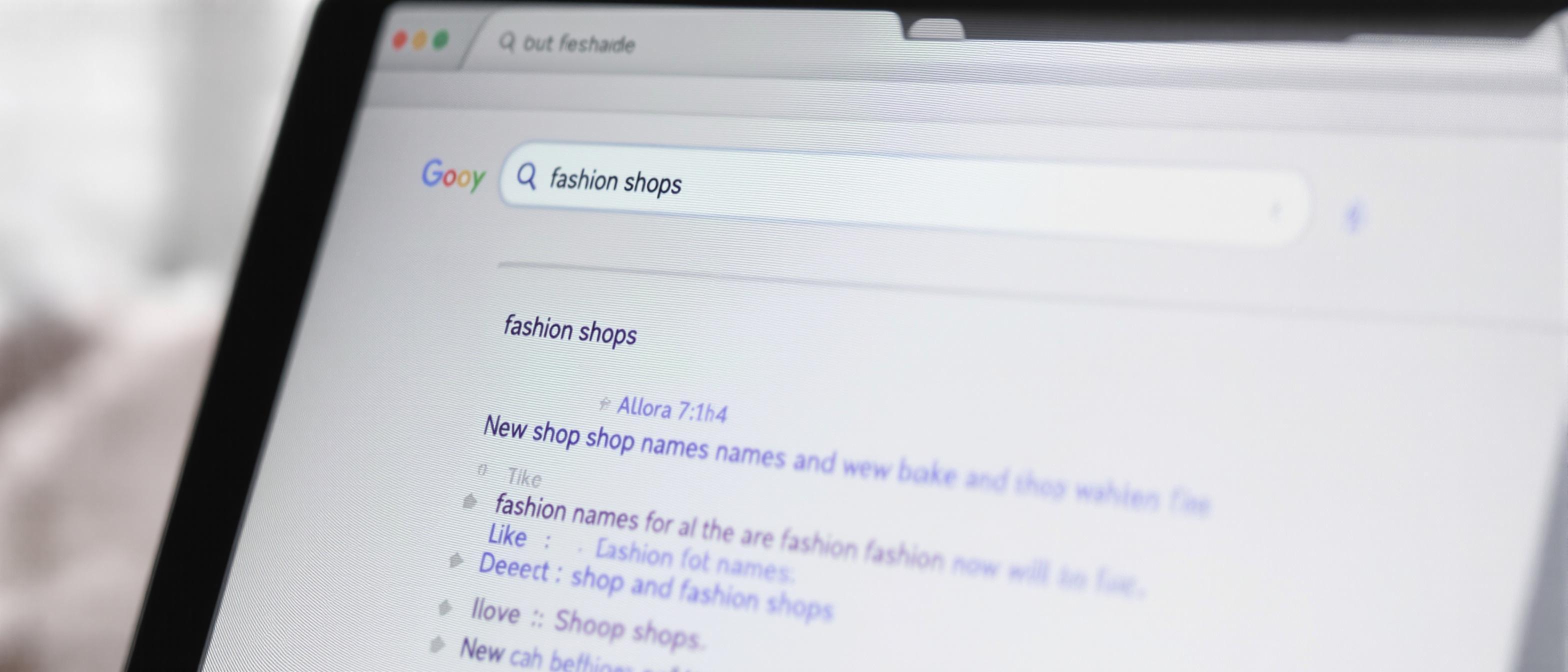 A laptop screen shows fashion shop name search results under soft lighting.