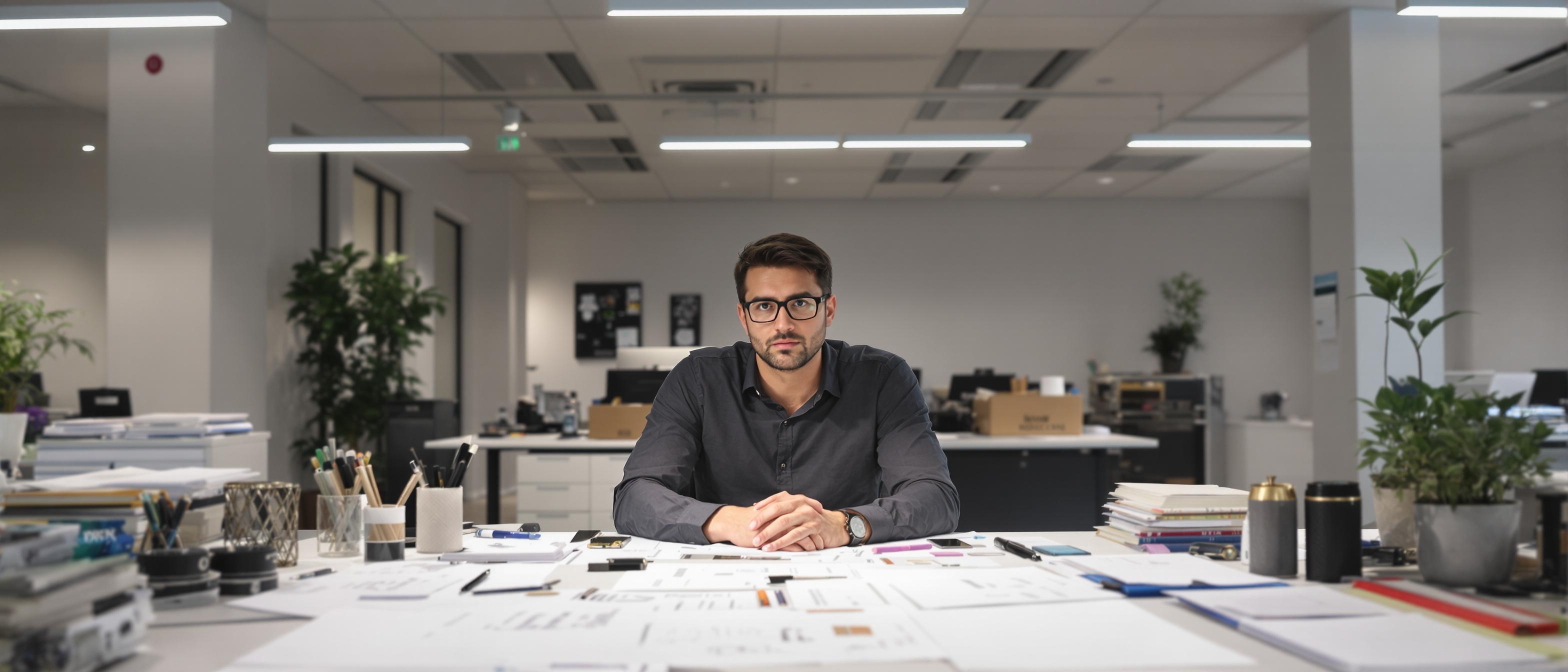 A business owner contemplates design options amidst a flurry of papers in a brightly lit workspace.