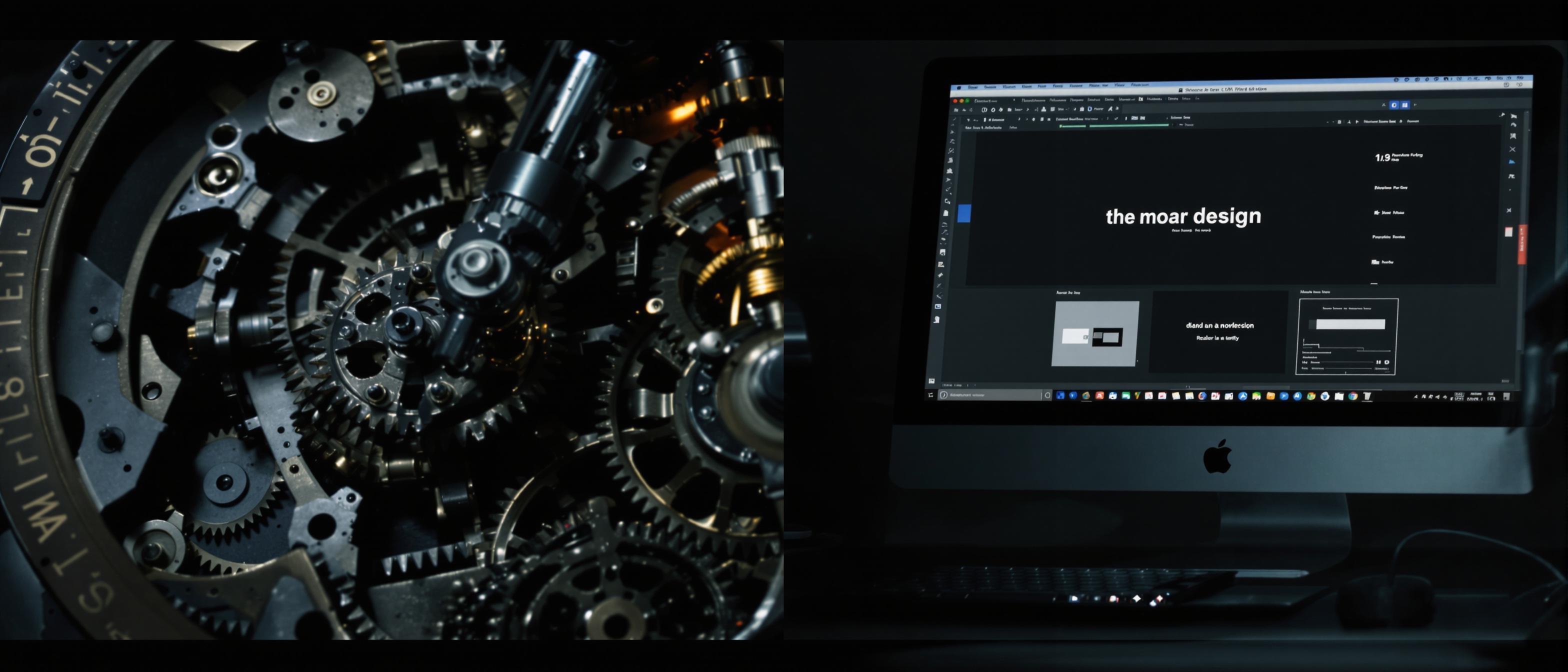 A split-screen depicting a sped-up mechanical clock alongside the creation of a sleek, minimalist design on a computer screen.