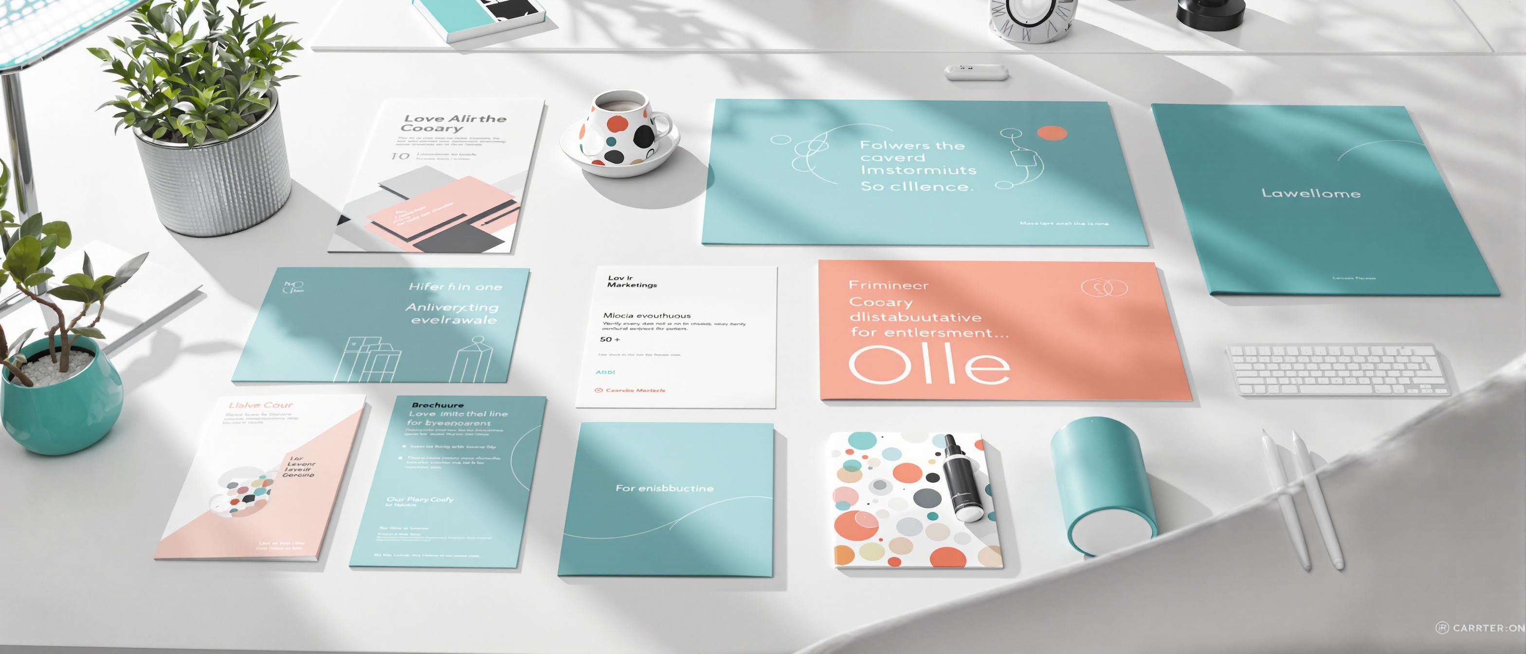 A collection of marketing materials demonstrating a cohesive brand identity through consistent visual elements in a brightly lit studio.