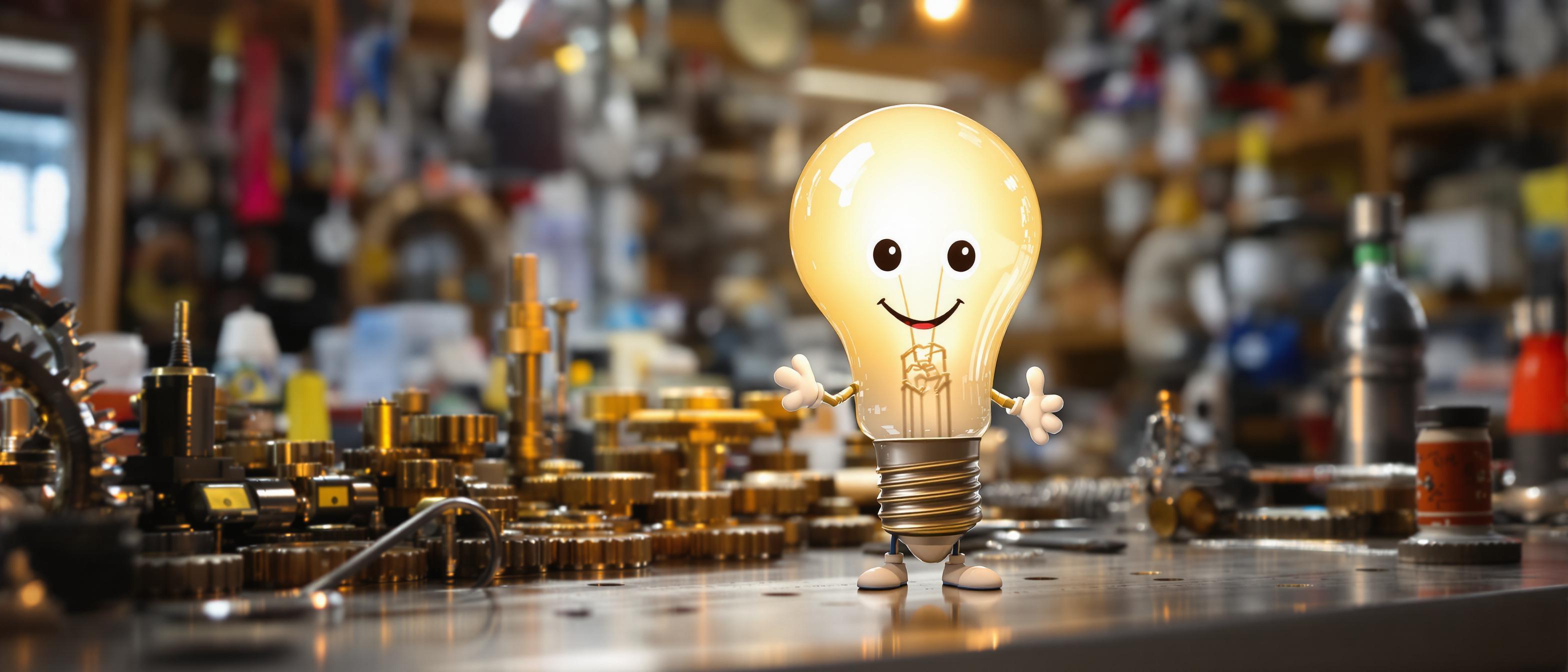 A whimsical scene featuring a lightbulb character amidst stylized gears against a vibrant backdrop.