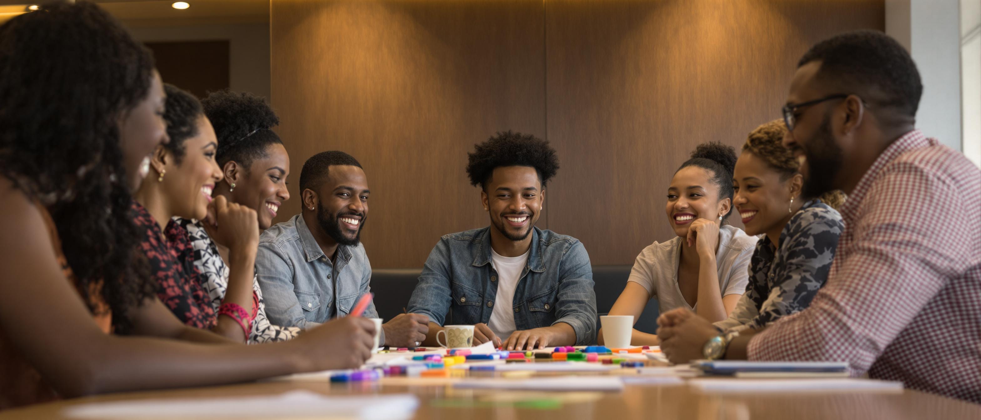 A group of smiling individuals are gathered around a table, engaging in a collaborative brainstorming session in a blurred office setting.